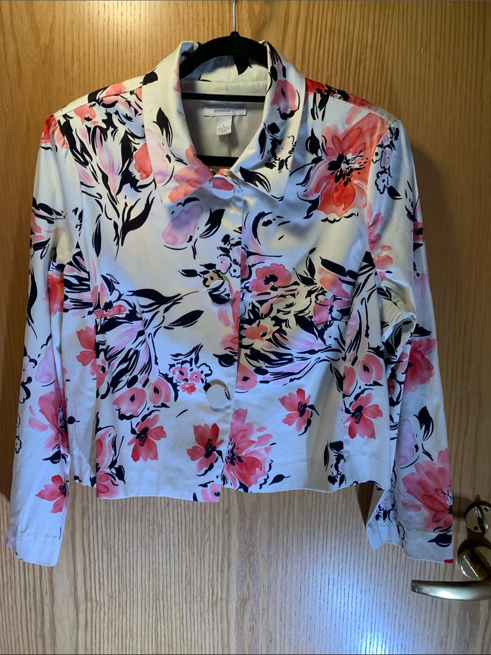 Dressbarn Cream, Pink and Black Floral Crop Jacket - Size L